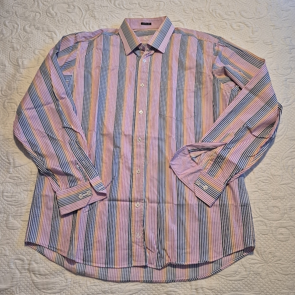 Bugatchi Uomo Men's XL multi colored bright striped button up shirt EUC